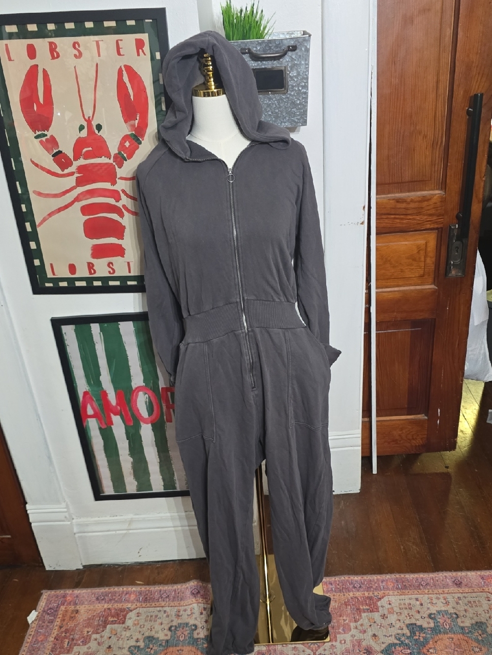 aerie Xl Charcoal Gray Hooded Zip Jumpsuit